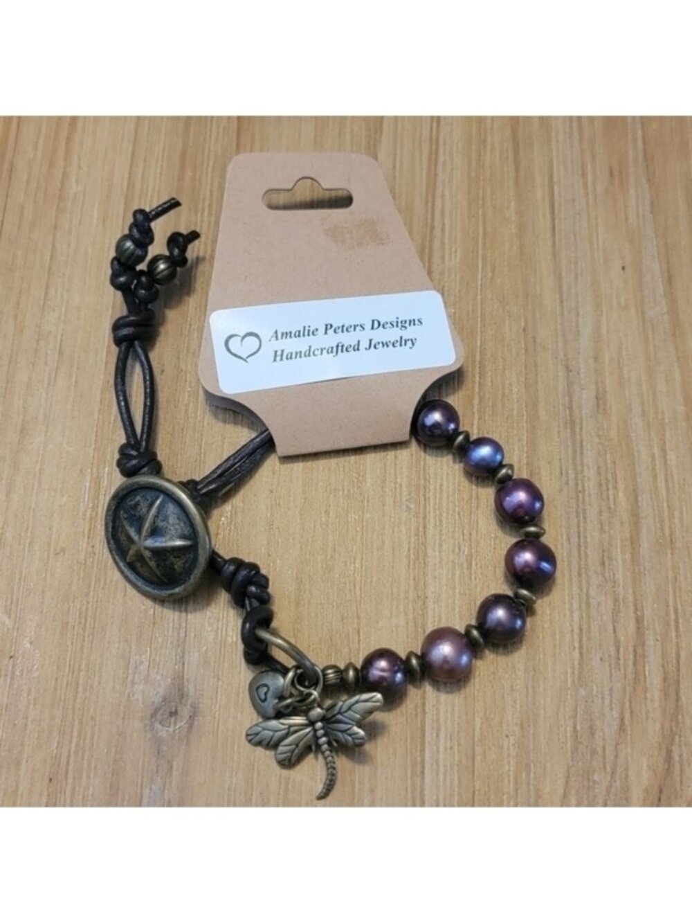 NEW Amalie Peters Brown Leather Burgundy Pearl Star Button Boho Bracelet